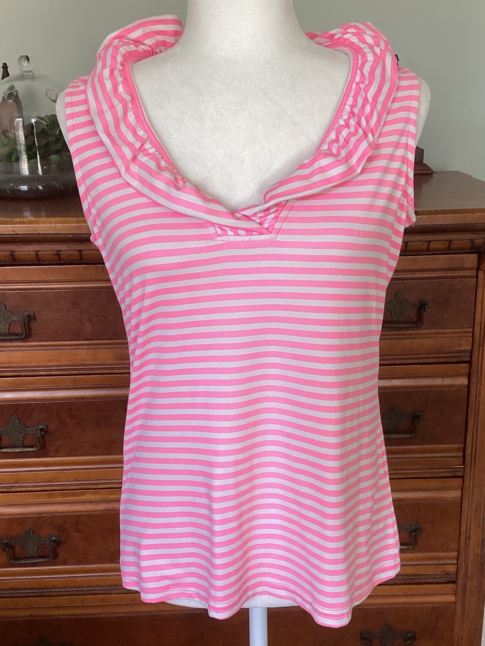 Lulu-B Pink/White Stripe Sleeveless Ruffle Neck Top SZ XS Preppy Resort Coastal